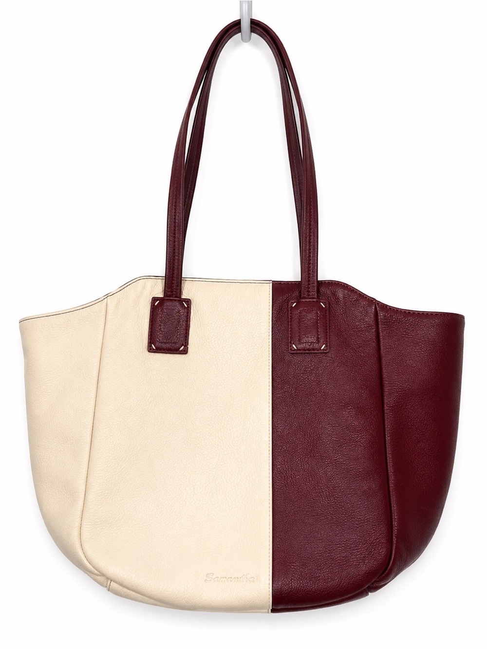 Splendid Large Colorblock Leather Tote Shoulder Bag Burgundy Cream Discontinued